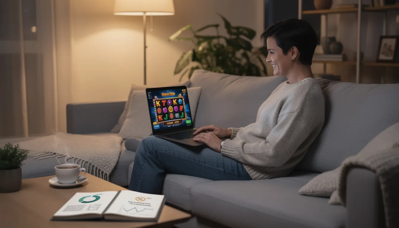 En avslappnad person sitter med en laptop och spelar på ett online casino, där de använder paysafecard för att göra insättningar och uttag. Bilden visar en trygg och ansvarsfull spelupplevelse, där fokus ligger på att spela ansvarsfullt.