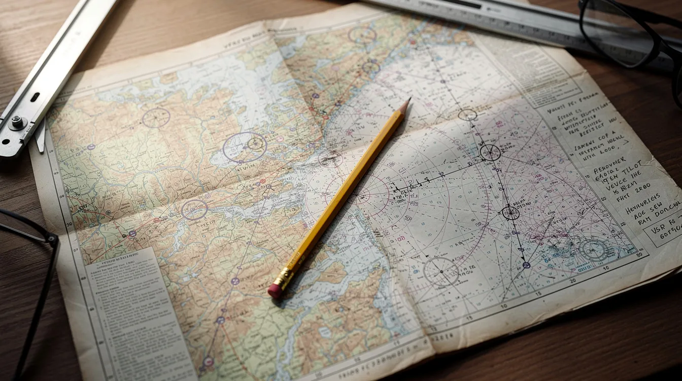 The image shows a VFR sectional chart laid out on a table, marked with pencil annotations, indicating preparation for a private pilot oral exam. This chart serves as a study resource for applicants, covering essential subjects like flight planning, airport operations, and airspace regulations for their practical test.