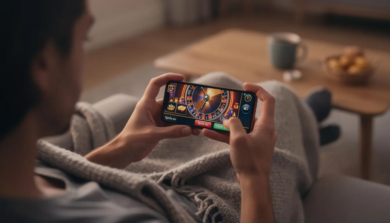 En person sitter avslappnat i en behaglig miljö och spelar casino på sin smartphone, där de loggar in för att utforska spelutbudet hos Pronto Casino. I bakgrunden kan man höra ljudet av spelautomater och glada röster, vilket skapar en livlig atmosfär.