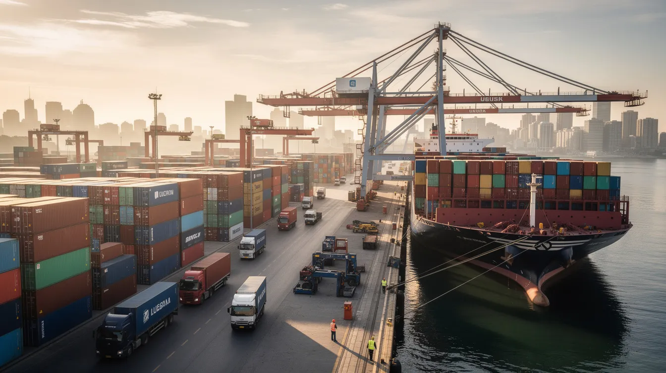 The image depicts a bustling port terminal filled with numerous shipping containers, representing the intricate network of international trade and supply chain logistics. This scene highlights the importance of financing options for small and medium enterprises (中小企業), which often rely on loans and credit guarantees to enhance their competitiveness in the global market.