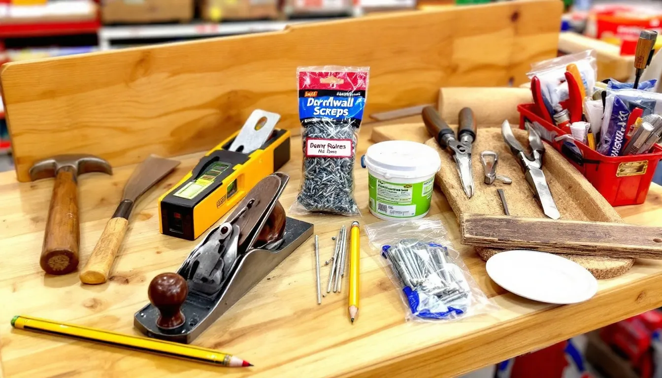 A selection of tools needed for door installation, including a hand plane and chisel.
