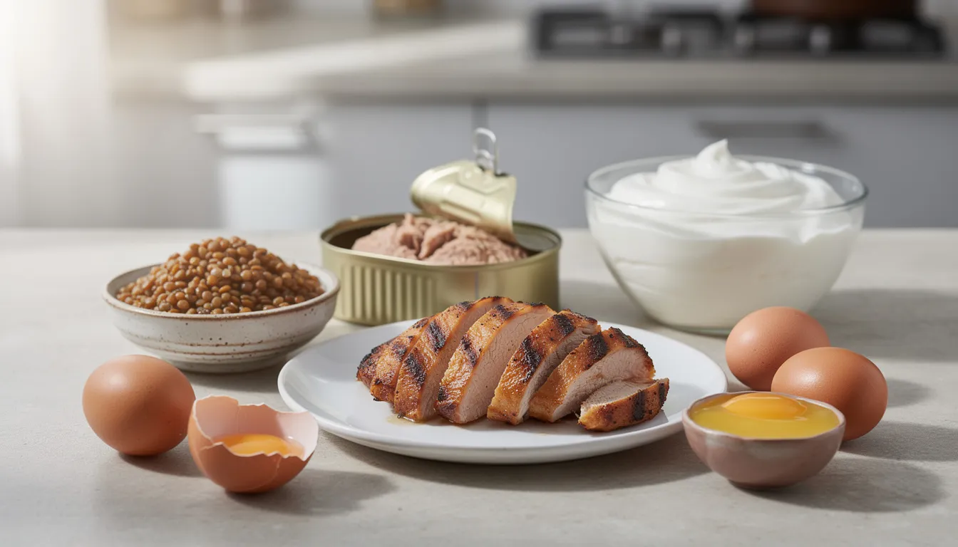 The image shows a kitchen counter featuring a selection of healthy foods, including eggs, grilled chicken, a tin of tuna, Greek yogurt, and lentils, all arranged together to promote a balanced diet. This assortment highlights the importance of incorporating various food groups for healthy eating patterns and maintaining a healthy body weight.