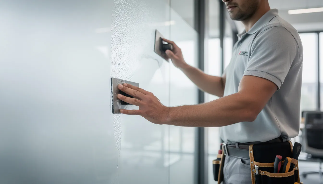 A professional installer is carefully applying frosted window film to a glass surface, ensuring that air bubbles are eliminated for a smooth finish. The frosted effect creates a semi-transparent appearance that enhances privacy while allowing natural light to filter through the office windows.