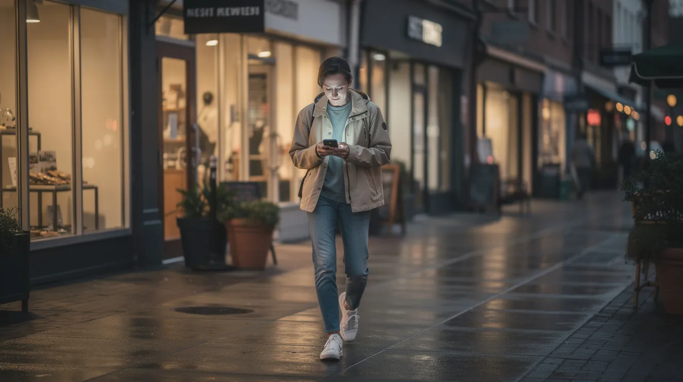 A person is walking on a bustling city street, engrossed in their smartphone, while small shop storefronts line the background, showcasing local businesses. This scene captures the essence of urban life, where digital engagement and local visibility intersect.