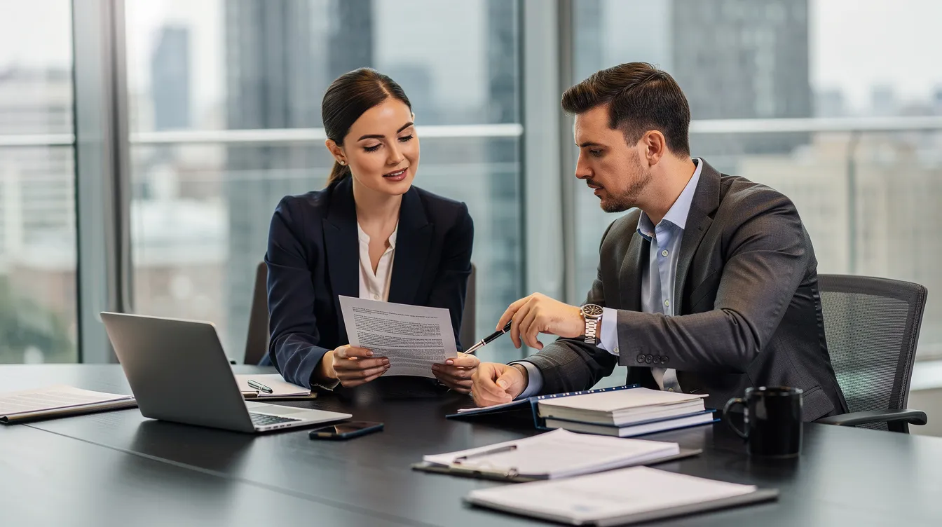 The image shows two attorneys collaborating at a conference table in a modern office, examining documents related to a wrongful death lawsuit. Their focused expressions suggest they are discussing important details to seek justice for surviving family members in a wrongful death case.
