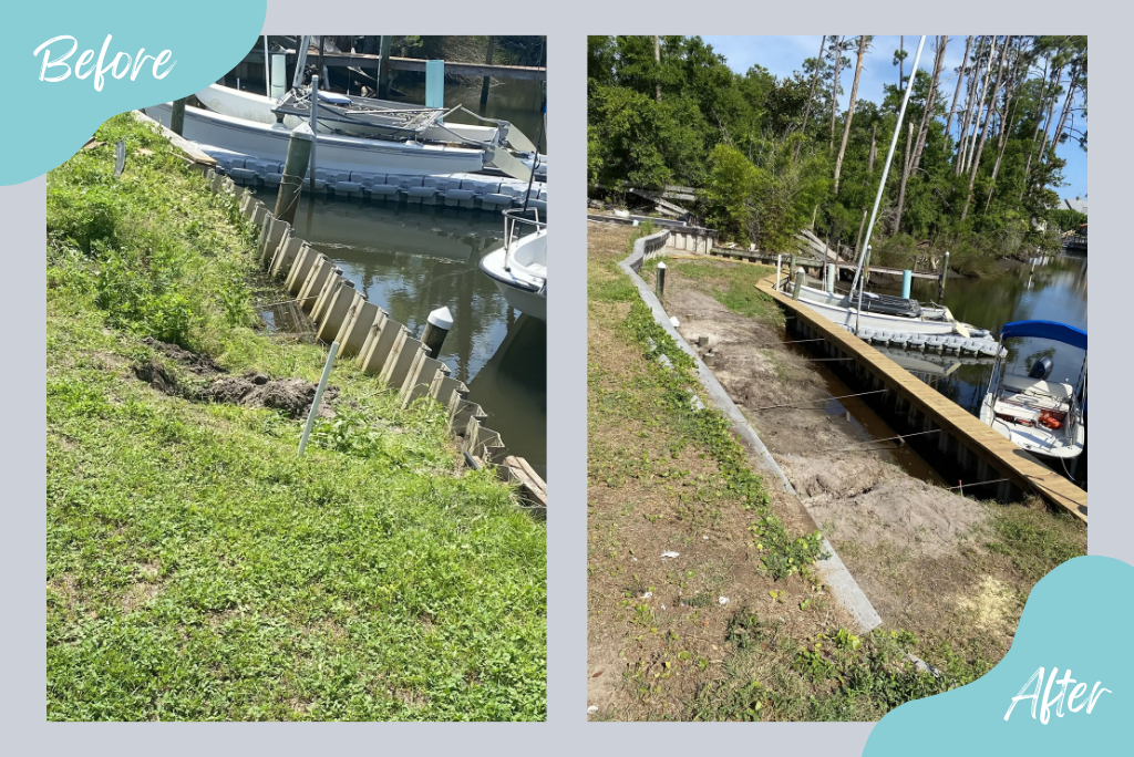 Side-by-side before-and-after images of a waterfront retaining wall repair, showing improved stability and a new dock.