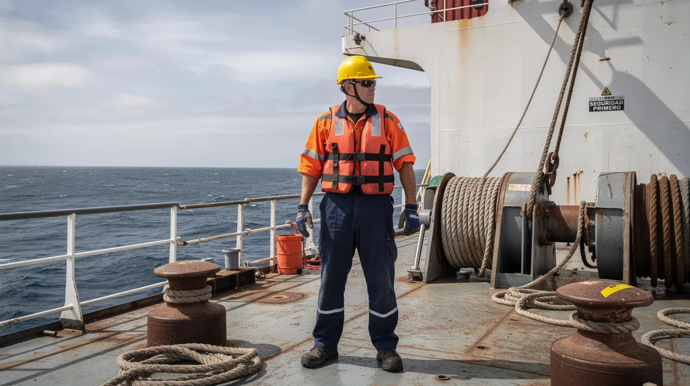 The image shows a maritime worker wearing a safety helmet on the deck of a ship, emphasizing the importance of safety for workers at sea. This scene highlights the role of maritime attorneys in Houston, who assist injured maritime workers in navigating their legal rights and claims for accidents at sea.