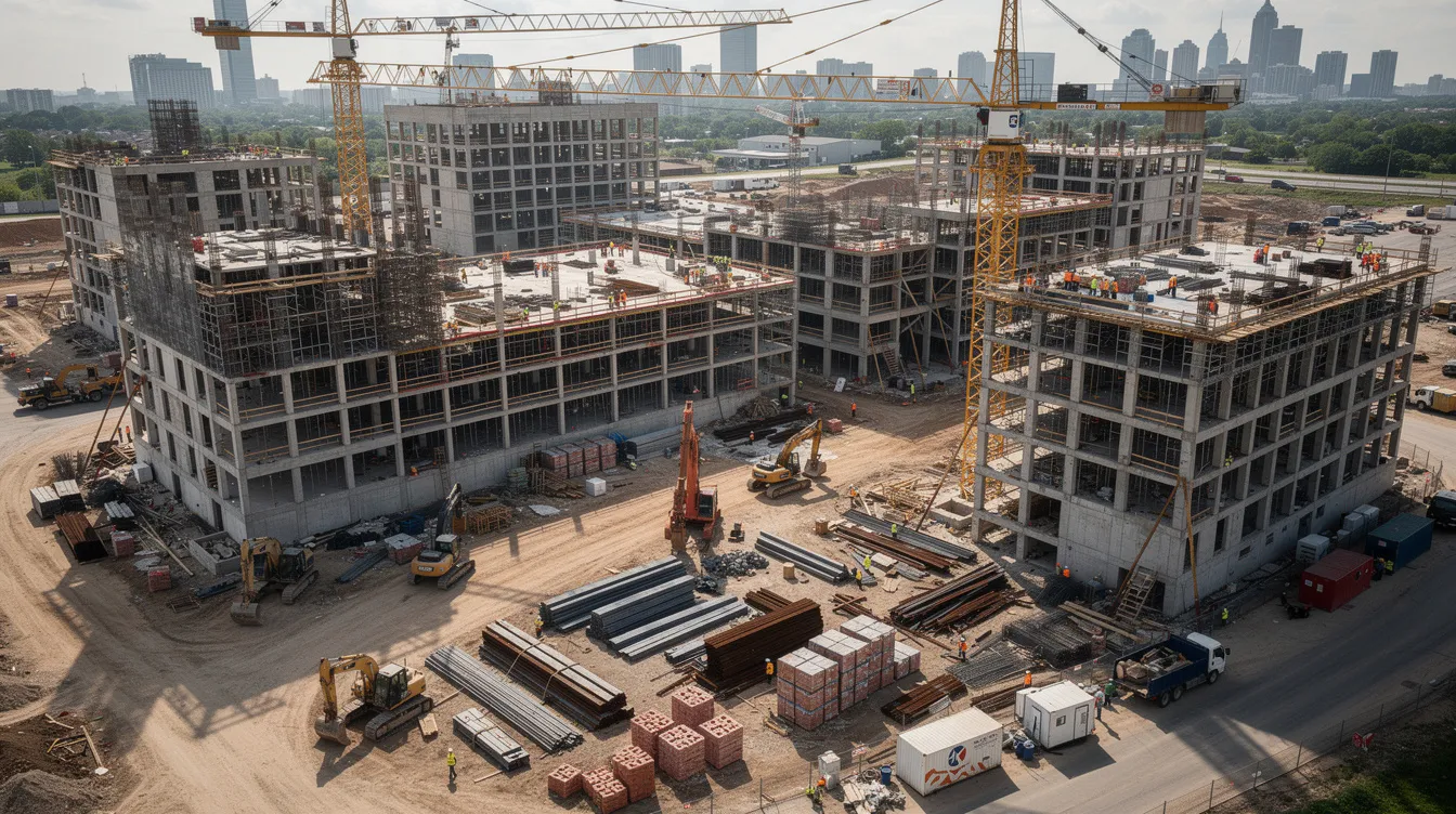 An aerial view of a large active construction site showcases multiple cranes and workers engaged at various levels, highlighting the complexity of the construction process. This bustling environment reflects the project's scope and the collaboration of the project team, including contractors and subcontractors, as they work towards successful project completion.