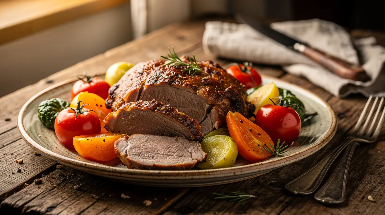 Imagem de um prato tradicional croata, apresentando carne assada suculenta acompanhada de vegetais coloridos, disposto em uma mesa rústica de madeira que evoca a cultura da Croácia. O ambiente sugere um clima acolhedor, ideal para apreciar a rica gastronomia do país.