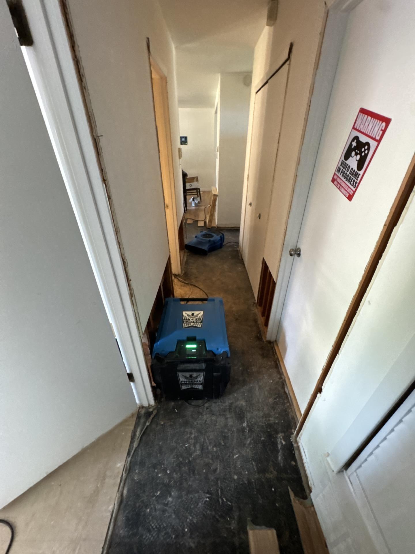 The image shows restoration equipment, including fans and dehumidifiers, actively drying a clean residential hallway after water extraction, ensuring no moisture remains to prevent mold growth. This professional cleaning process is essential in addressing potential plumbing emergencies and avoiding future sewer backups.