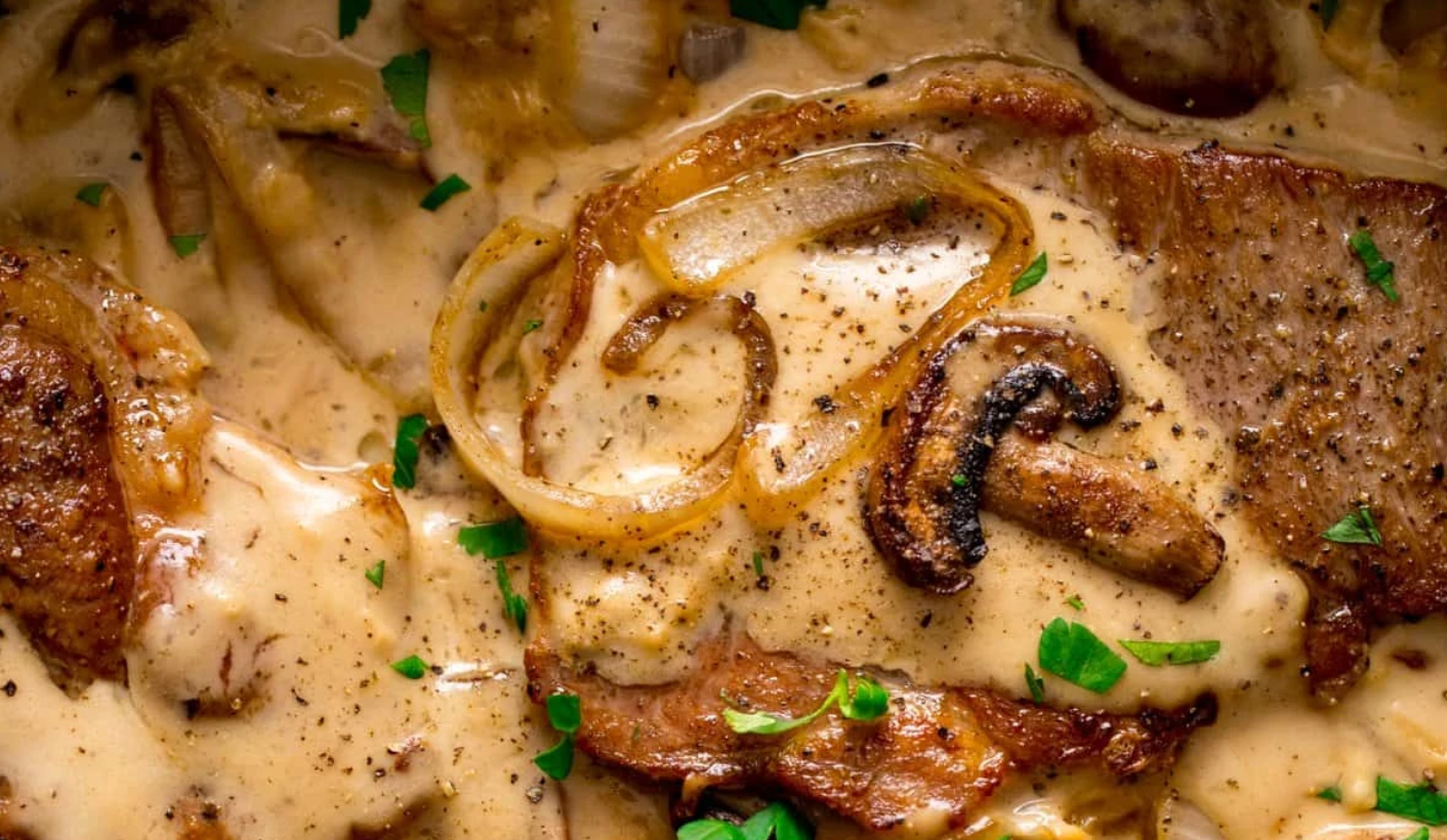 Creamy mushroom pork steaks cooked to perfection is a family faveourite winter warmer.