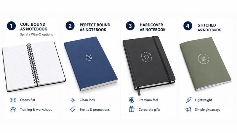 A5 notebook binding types compared: coil bound, perfect bound, hardcover, and stitched