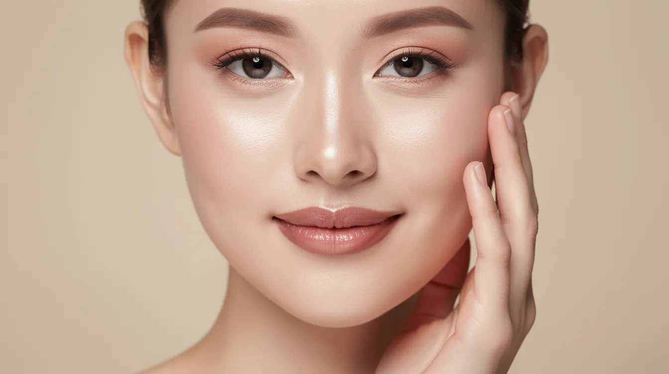 The image features a person with a healthy, glowing complexion gently touching their face against a neutral background, highlighting their natural beauty and youthful appearance. This serene moment reflects the results of aesthetic treatments, possibly including botox injections or dermal fillers, showcasing a refreshed look that enhances their natural features.