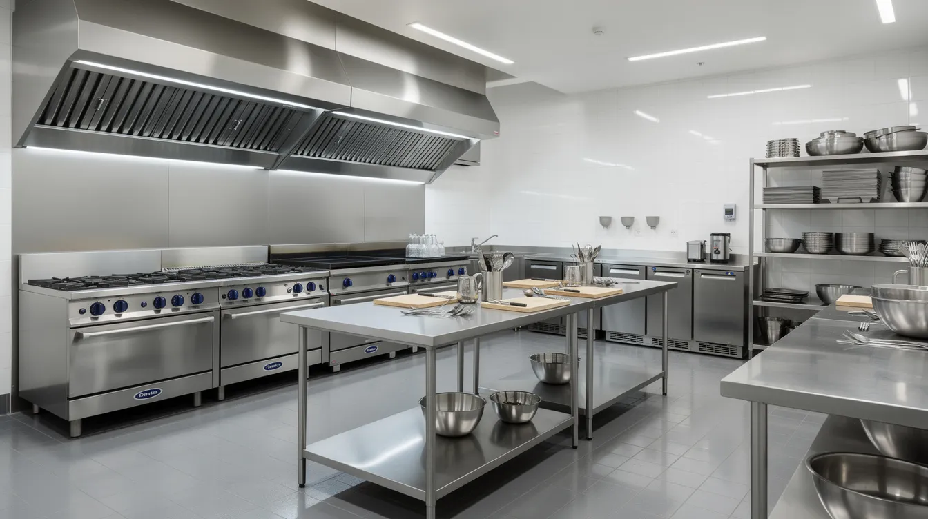 beedd978 e569 429f a1e2 f2ee436d68fe The image depicts a stainless steel commercial kitchen featuring multiple cooking ranges, exhaust hoods, and preparation tables, designed to enhance efficiency and guest satisfaction in hotel projects. This back-of-house space is equipped with quality appliances and fixtures, essential for managing operating supplies and controlling costs effectively.