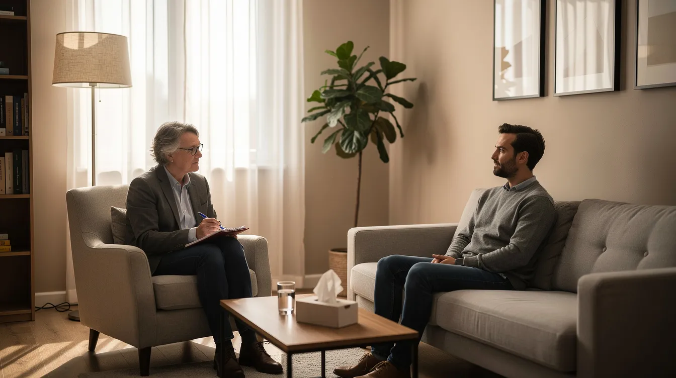 In a serene therapy room, two adults sit across from each other, engaging in a supportive conversation about their mental health. This scene reflects the experiences of first generation individuals navigating family expectations and cultural identity, as they seek therapy for personal growth and emotional well-being.
