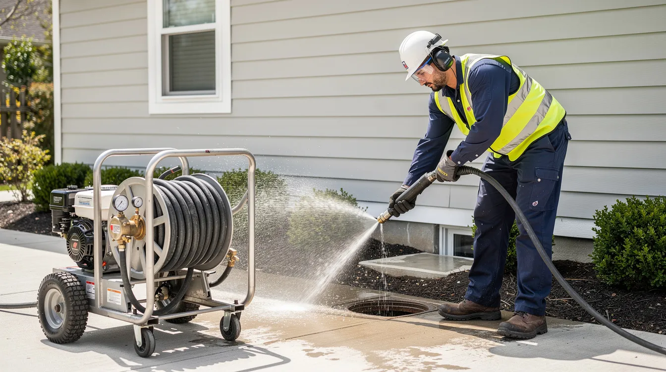 A professional plumber in safety gear operates a hydro jetting machine near the exterior of a residential home, preparing to clear tree roots from the sewer line. The high-pressure water pump is aimed at removing root intrusions that could cause slow drains and severe blockages in the plumbing system.