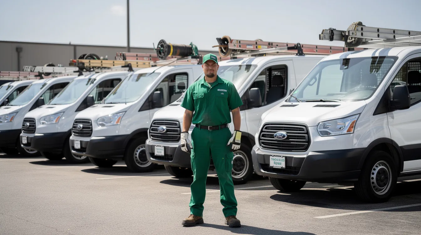 A trenchless repair technician is dressed in green attire and wearing all-white vans, standing in front of a residential area where sewer line troubles may occur. The technician is equipped with tools to address issues related to the home's sewer line, ensuring proper maintenance of the plumbing system.