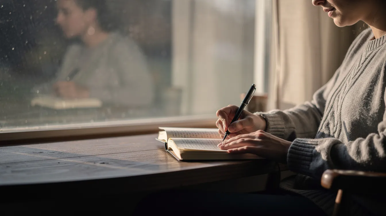 A person is sitting by a window bathed in soft light, writing in a journal, possibly engaging in self-reflection about their relationship and the divorce process. This serene scene suggests a moment of contemplation as they consider their next steps in a life-altering decision.