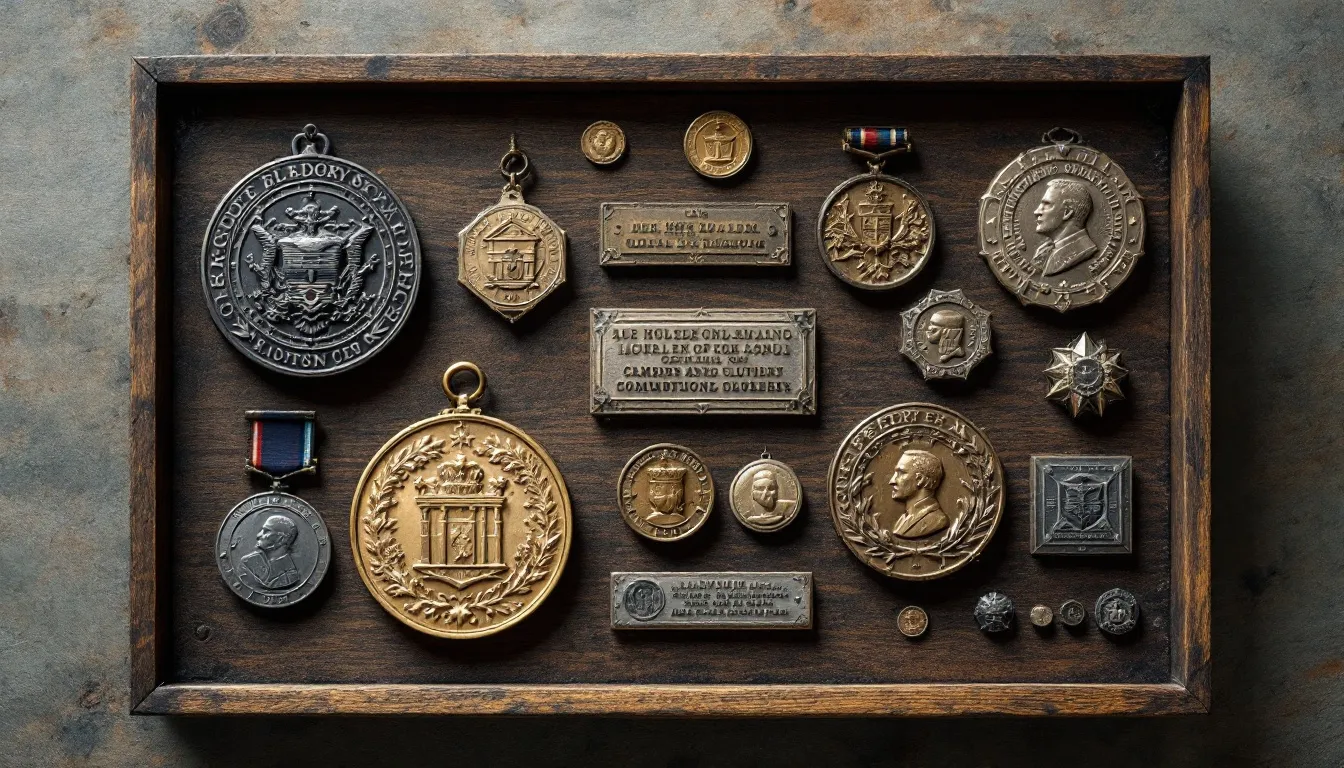 Skup medali okolicznościowych, różne medale okolicznościowe wyeksponowane na stole.