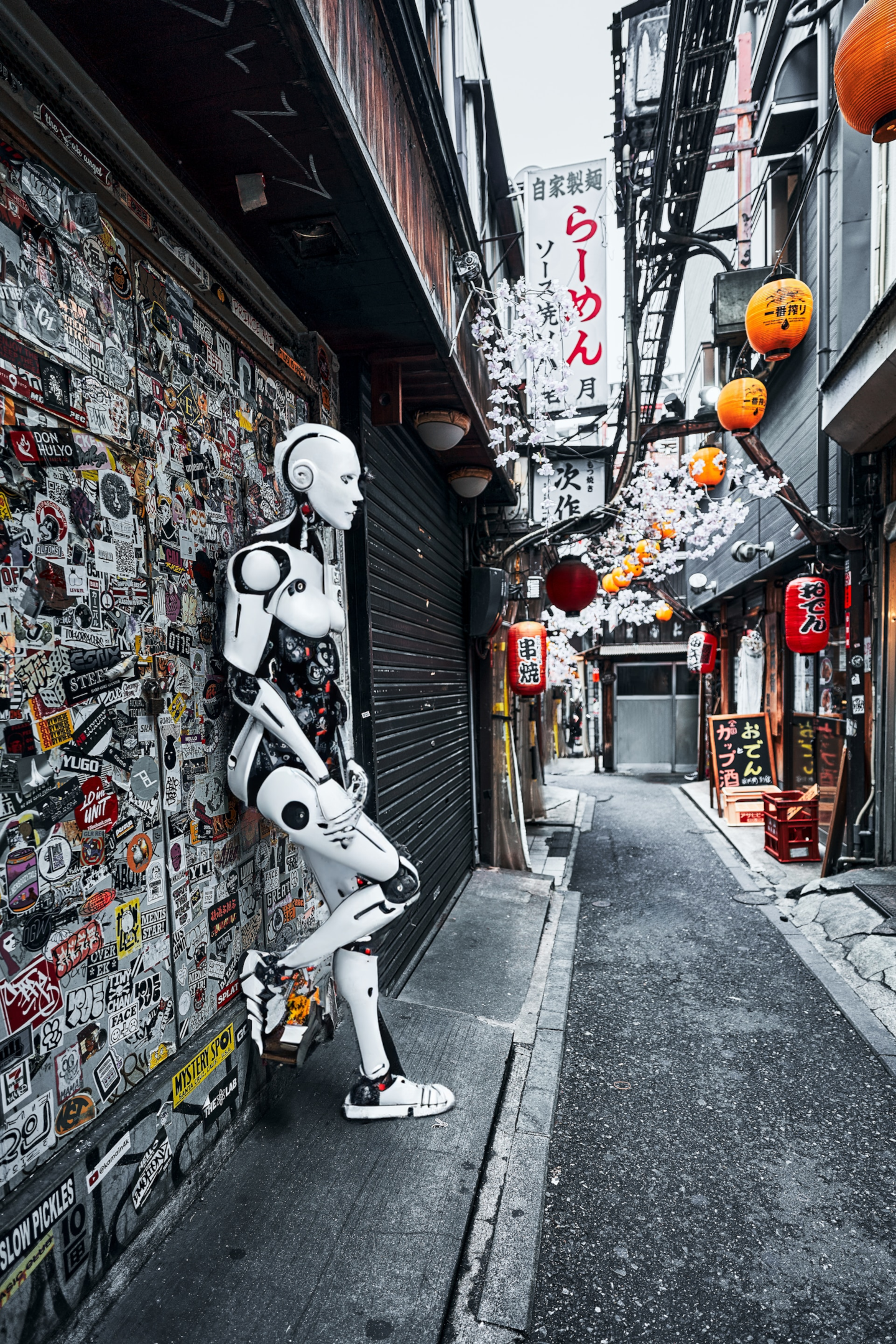 A robot standing on a wall full of stickers on a street.