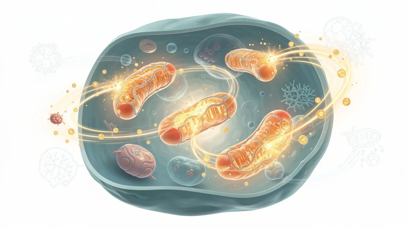 The image depicts mitochondria within a living cell, showcasing energy particles flowing to illustrate cellular energy production. This visual emphasizes the importance of mitochondrial function for promoting cellular health and energy metabolism, essential for overall wellness and healthy aging.