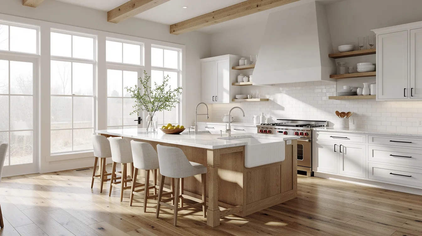 The image depicts an open-concept farmhouse kitchen featuring a large island, white cabinetry, and abundant natural light pouring in through tall windows. This inviting space combines modern farmhouse style with rustic charm, highlighted by elements such as exposed wood beams and quality craftsmanship.