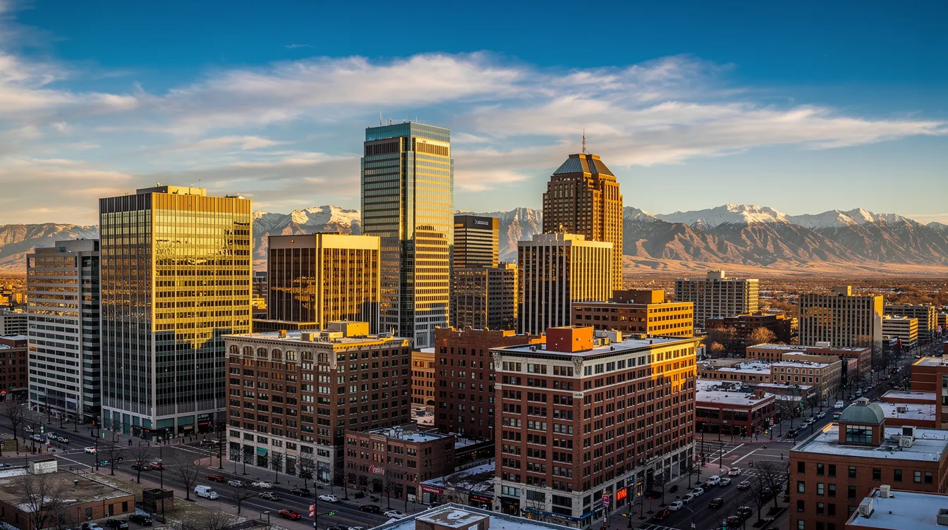 The image depicts the vibrant downtown Denver skyline, showcasing modern office buildings against a backdrop of the majestic Rocky Mountains. This scene highlights the city's role as a hub for renewable energy projects and power purchase agreements, emphasizing its significance in the development of utility-scale solar and wind energy initiatives.