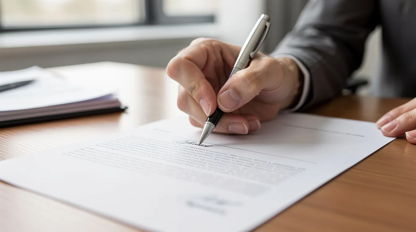A person is seated at a desk, signing a document with a pen, likely related to child support or spousal support in a court case. The scene conveys a sense of formality and importance as the individual prepares to complete necessary forms for filing.