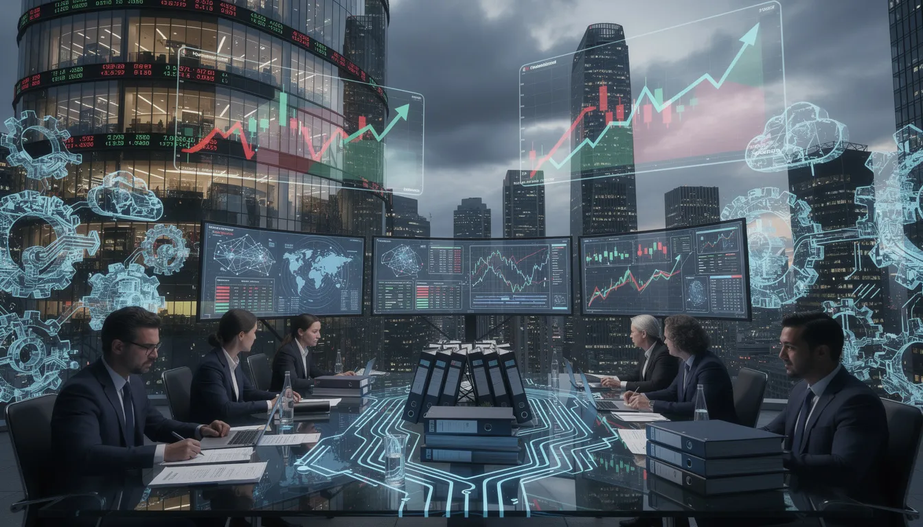 The image depicts a conceptual representation of the capital markets landscape influenced by the AI infrastructure boom, highlighting the complexities of fixed income investments. It emphasizes the significant risks and uncertainties faced by bond investors as they navigate the evolving corporate bond market, shaped by consumer and enterprise demand for AI technologies.