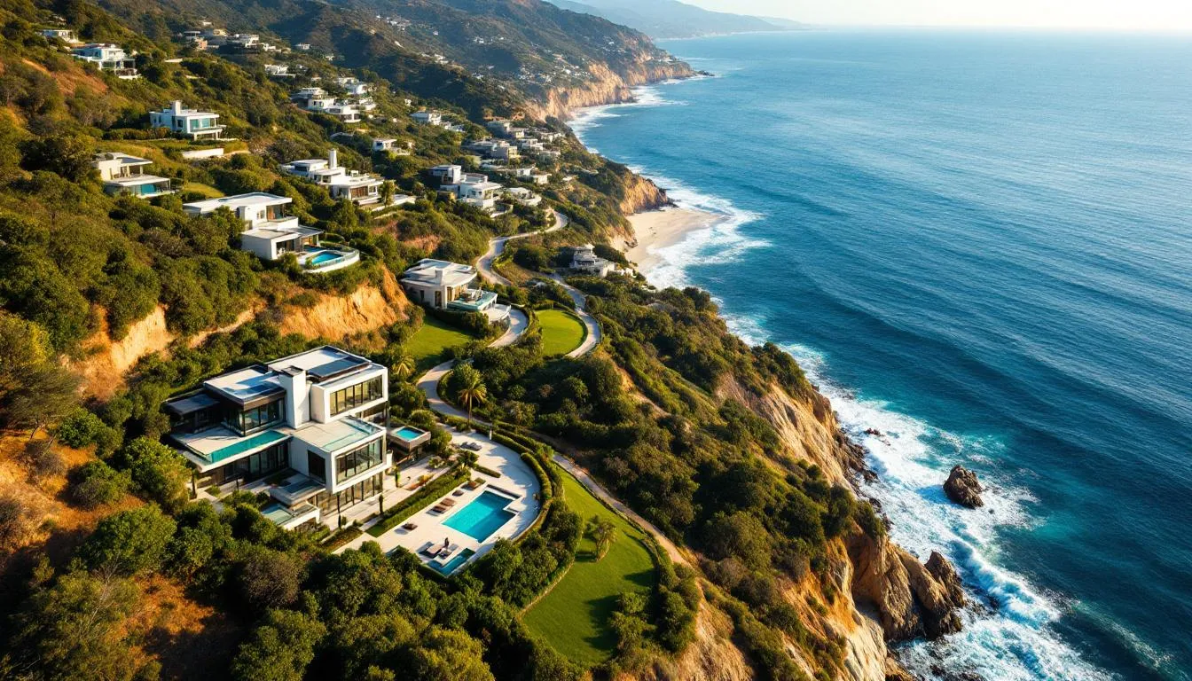 An aerial view captures the stunning Santa Barbara coastline, showcasing luxury homes nestled in the hills that overlook the beautiful Pacific Ocean. This picturesque landscape highlights prospective properties that are ideal for consumers interested in Santa Barbara real estate.