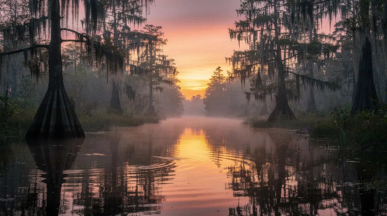 The image captures a serene Louisiana bayou landscape at sunset, featuring cypress trees whose reflections shimmer in the calm water. This tranquil scene evokes a sense of peace, contrasting with the challenges faced by individuals seeking disability benefits for conditions like diabetes and other health disorders.