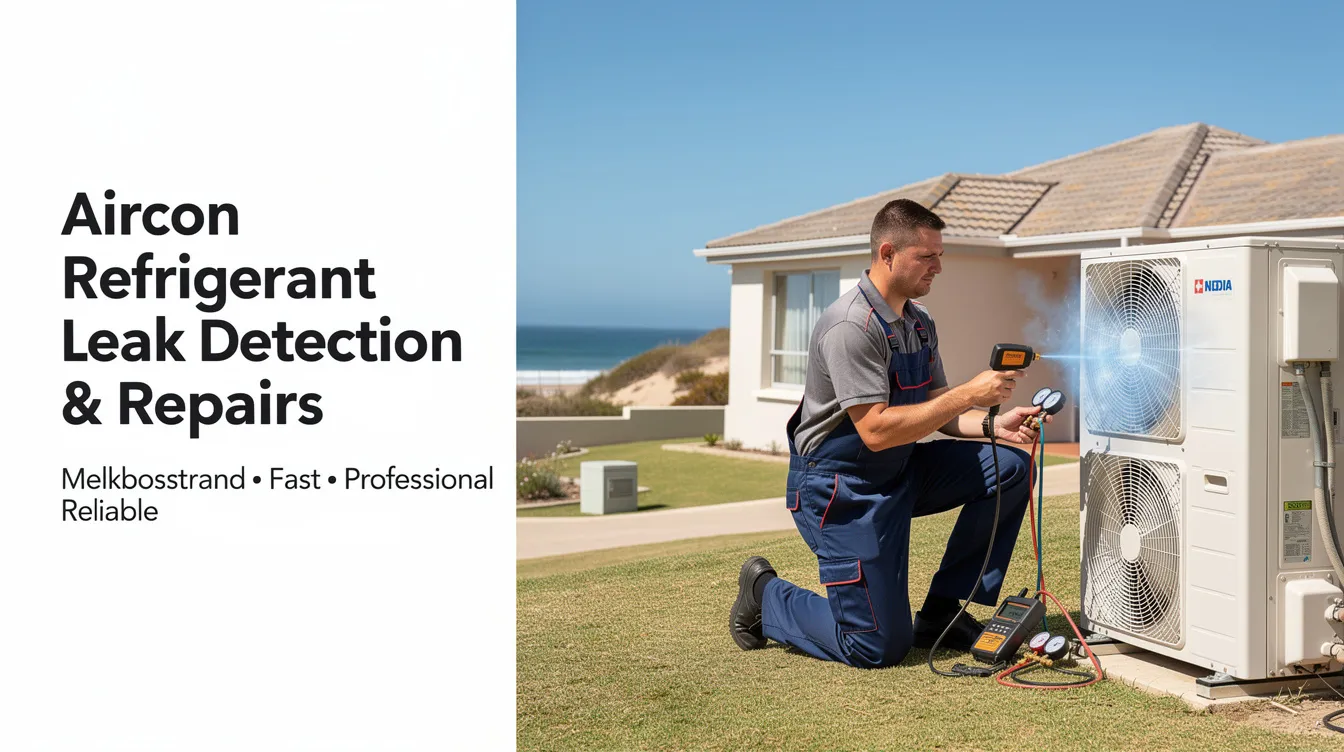 The image depicts a technician performing aircon refrigerant leak detection and repairs in Melkbosstrand, using a regas machine to remove existing gas and identify visible leaks. The scene highlights the professional repair work essential for improving the performance of vehicle air conditioning systems.