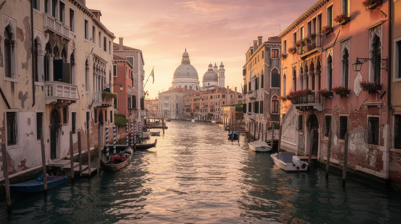 The image captures a stunning panoramic view of the Venice canals at sunset, showcasing the historic architecture lining the waterfront, bathed in warm hues of orange and pink. This picturesque scene reflects the city's rich cultural heritage, making it an ideal backdrop for festivals and artistic events, like the upcoming Biennale Musica 2027.