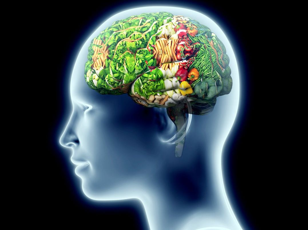 A glowing human profile showing a brain made of healthy food,nutritional psychiatry. Image Posteriori