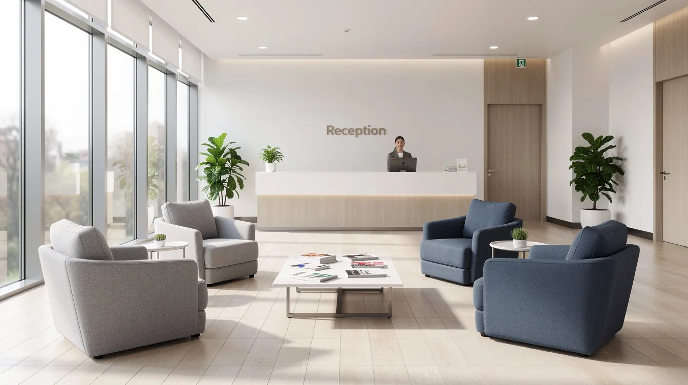 The image depicts a modern medical office waiting room with comfortable seating and ample natural light, creating a welcoming atmosphere for patients seeking cosmetic and reconstructive procedures, such as breast augmentation or tummy tuck. The design emphasizes a calming environment, ideal for those visiting a plastic surgeon in Staten Island, NY.