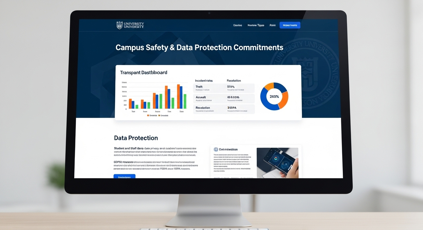 University website displaying transparent campus safety statistics and data protection commitments.