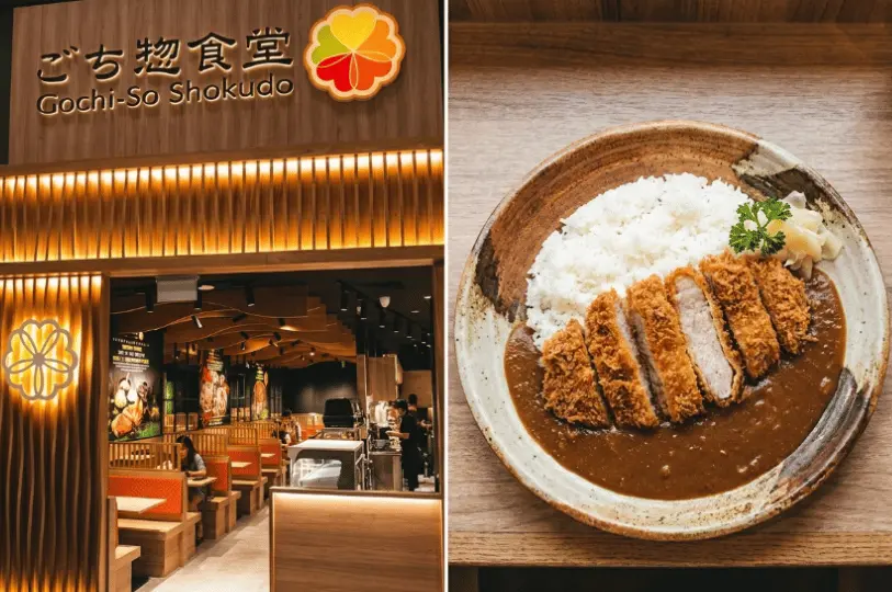 A side-by-side photo featuring the warm, wooden exterior and booth seating of a Gochi-So Shokudo restaurant on the left, alongside an overhead view of a rustic plate of Japanese katsu curry with a sliced, crispy breaded pork cutlet, white rice, and pickled ginger on the right.