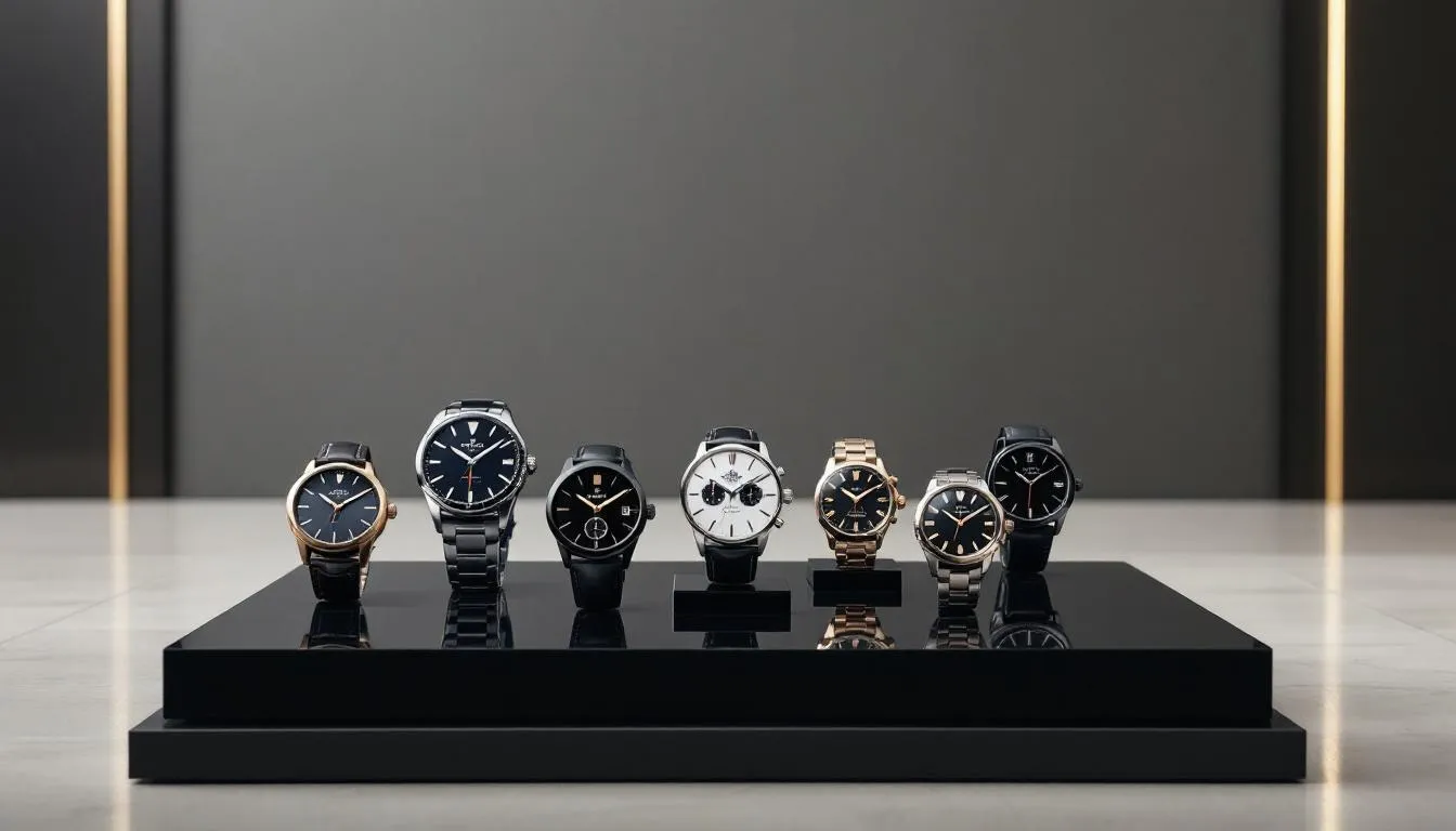 An array of affordable men's watches displayed in a retail setting.
