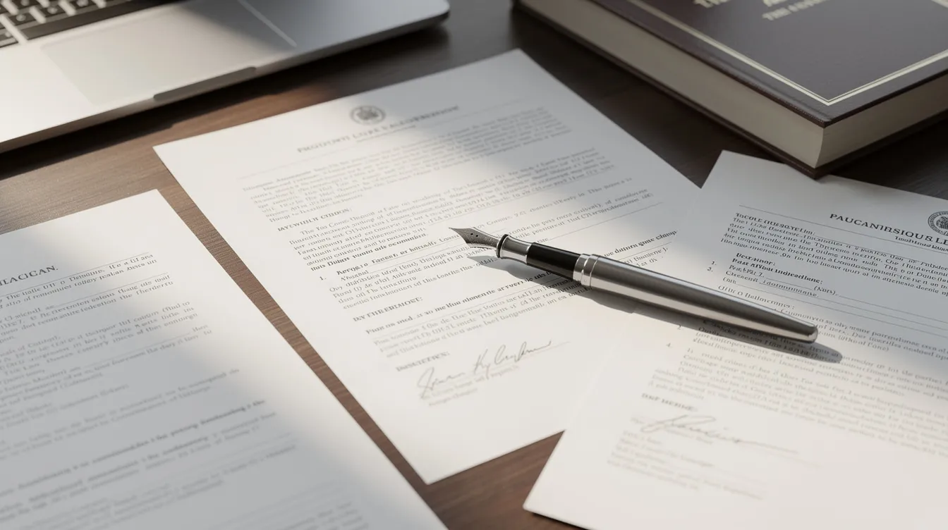 The image features a collection of legal documents related to family law, including forms for child custody and support agreements, spread across an office desk alongside a pen. This scene captures the essence of the divorce process, highlighting important paperwork such as the FL 180 form and marital settlement agreements.