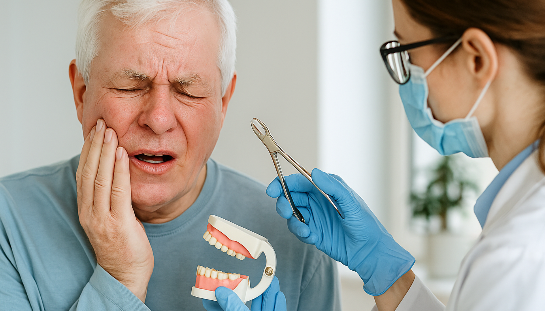 Eldre mann med tannverk; tannlege viser modell og tang under konsultasjon.