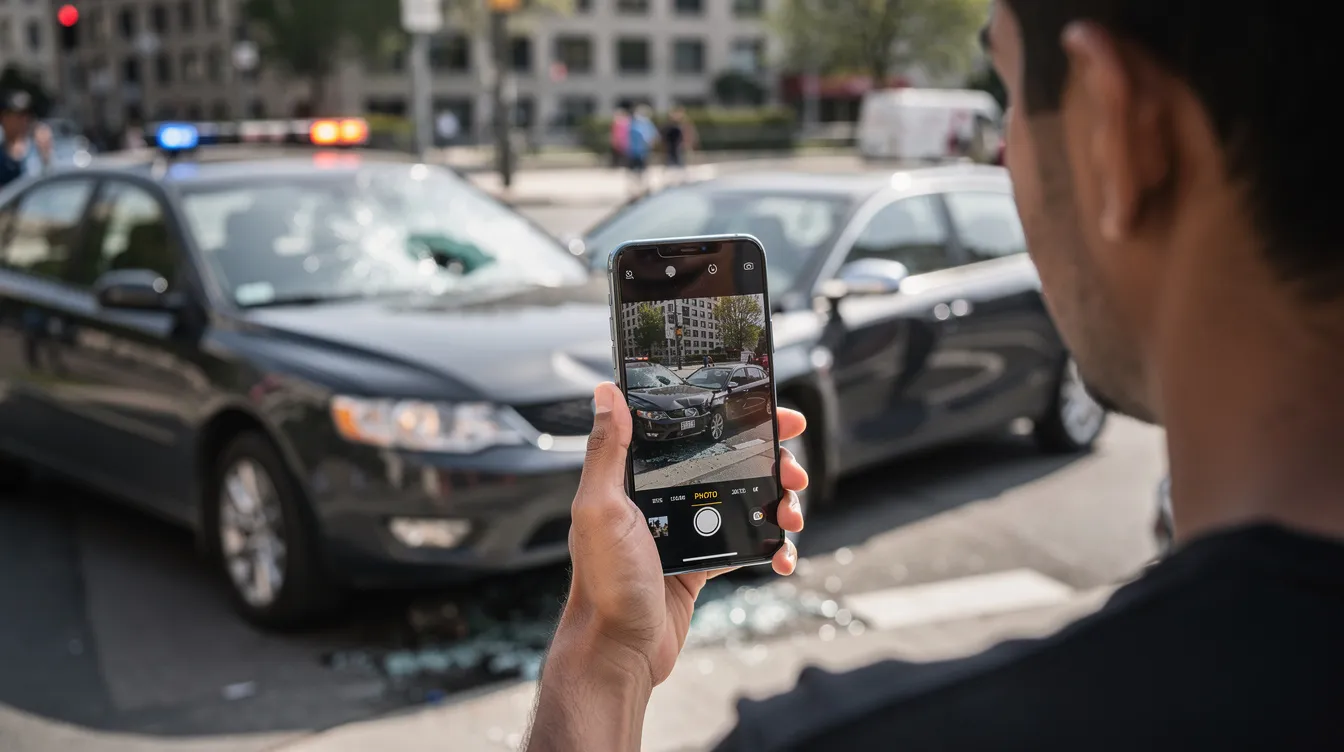 The image shows a person using a smartphone to capture a vehicle collision scene, likely for documentation related to personal injury claims. This action may involve gathering evidence that can be crucial for accident victims seeking fair compensation through a personal injury lawsuit.