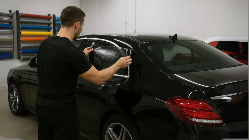 The windows of a car being wrapped with security window film in a car studio