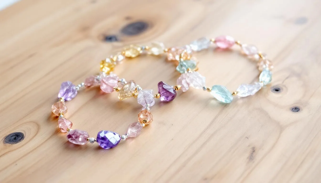 A collection of beautifully crafted crystal bracelets featuring various colored gemstones is displayed on a natural wooden surface, showcasing their unique beauty and style. This assortment highlights the perfect fit for any outfit, making it a must-have selection for those who appreciate quality jewellery.