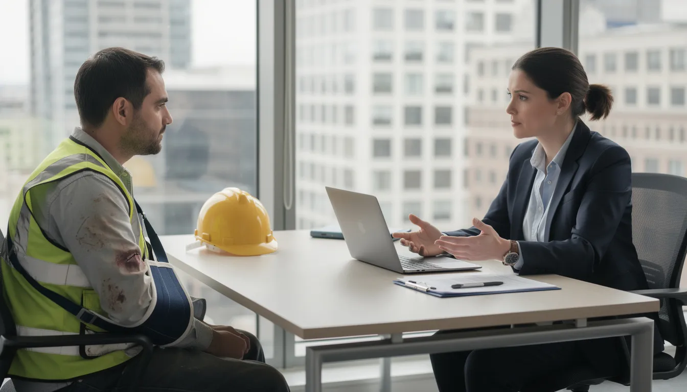 The image shows a construction worker with an injured arm discussing their situation with a professional in an office setting. They are likely reviewing options for temporary disability benefits and medical treatment related to the worker's compensation claim for their work-related injury.