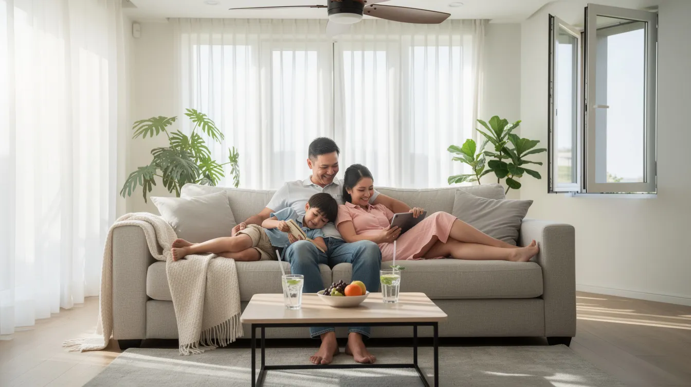 A family is relaxing comfortably on a couch in a bright living room, enjoying the cool air provided by an efficient air conditioning system during the summer. Sunlight streams in through the windows, creating a warm and inviting atmosphere while they unwind together.