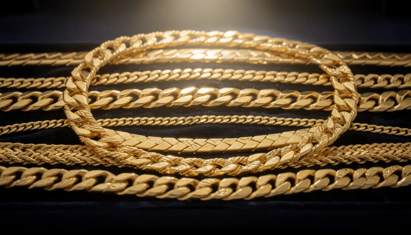 The image features multiple gold chains of varying styles, layered together to create a visually striking composition. This arrangement showcases the versatility of gold jewelry, highlighting popular trends such as layering necklaces and the use of different chain designs that can enhance personal style.