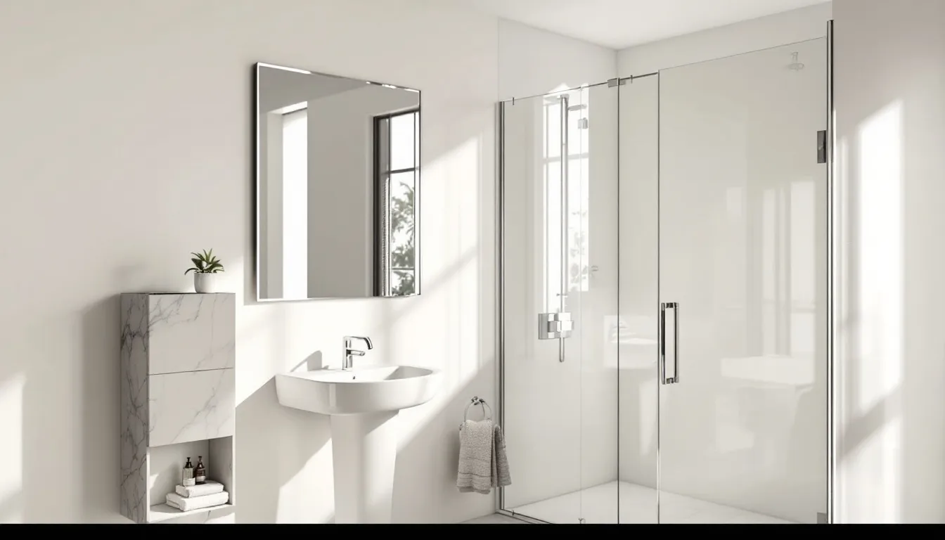 A bright small bathroom filled with natural light, showcasing large mirrors and glass elements.