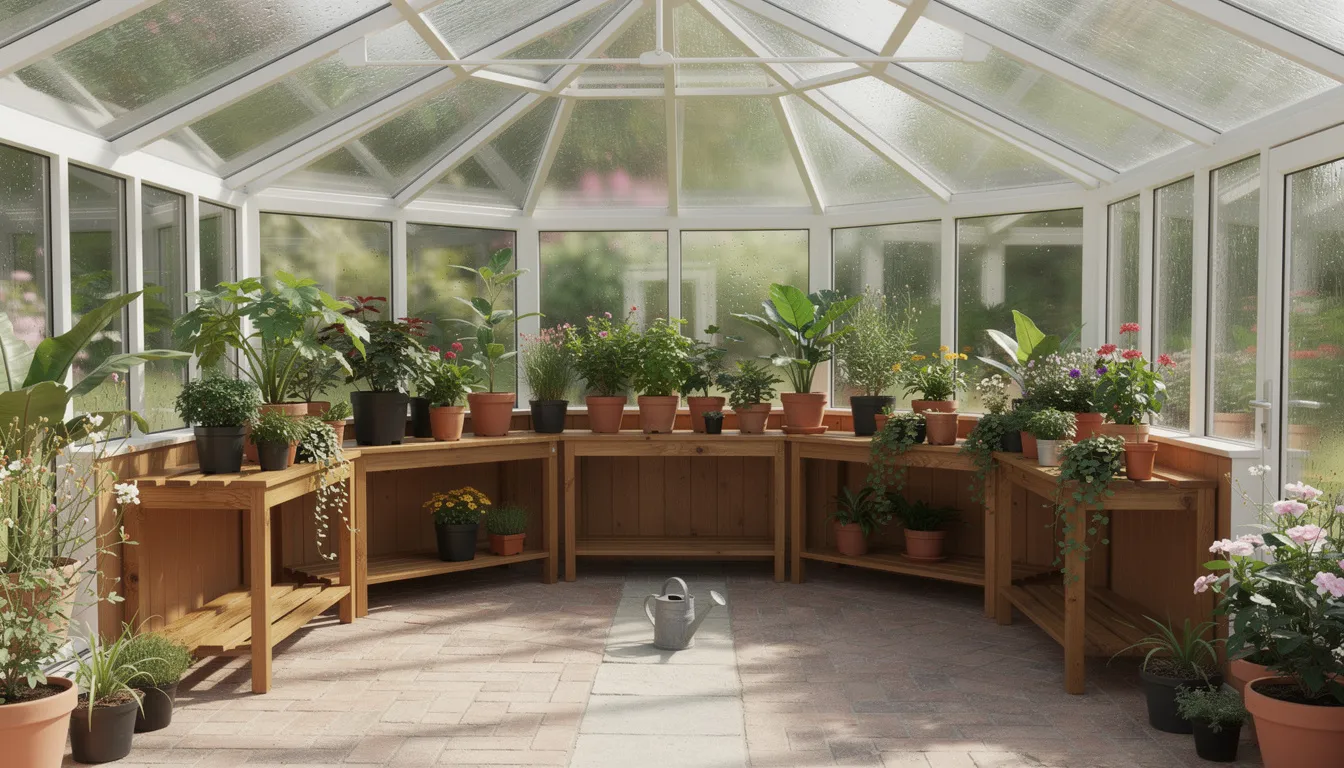 The interior of an octagonal greenhouse features wooden staging around the perimeter, showcasing a variety of potted plants. The design allows for effective heat retention, creating a warm environment ideal for plant growth.