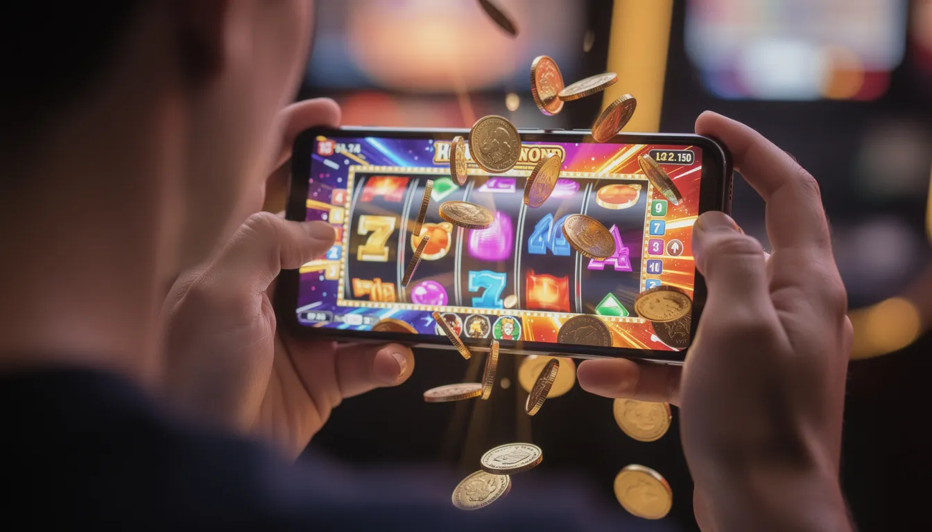 Smartphone displaying vibrant spinning slot reels filled with gold coins.