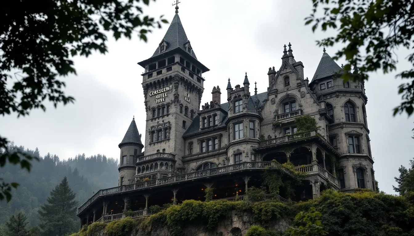 The image showcases the Crescent Hotel, a historic building in Eureka Springs, Arkansas, featuring stunning stone castle architecture with turrets and expansive verandas, set against a hillside backdrop. This iconic structure is part of the largest collection of Victorian architecture in the city, reflecting the community's rich history and charm.